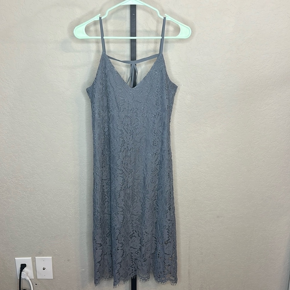 249 - Chaser NWT Blue Gray Spaghetti Strap Lace Dress, Size Medium